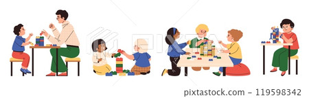 Happy children play with lego construction blocks vector set, cartoon kids have fun build pyramid bricks, entertainment 119598342