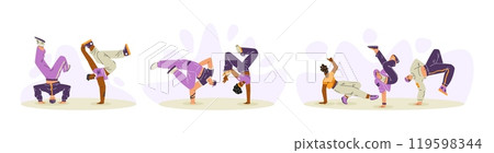 Vector illustrations of dancers in dynamic poses, street dancing movements of men and women 119598344