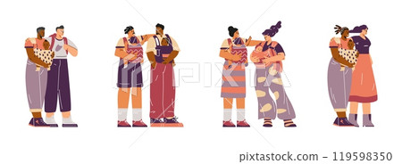 Parents with child in baby carrier vector flat set, young multiracial mothers and fathers with infant, toddler in sling 119598350