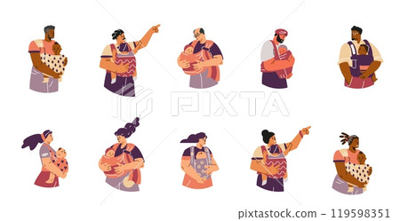Vector set: Parents with newborns in slings. Isolated background. 119598351
