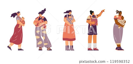 Mothers with child in baby carrier vector flat set, young happy multiracial female parents with infant, toddler in sling 119598352