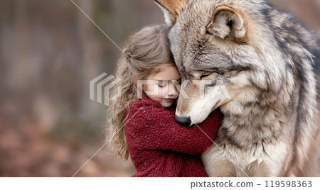 A loving embrace between a wolf and a girl 119598363