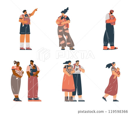 Vector illustration of parents with children in carriers in flat style. 119598366