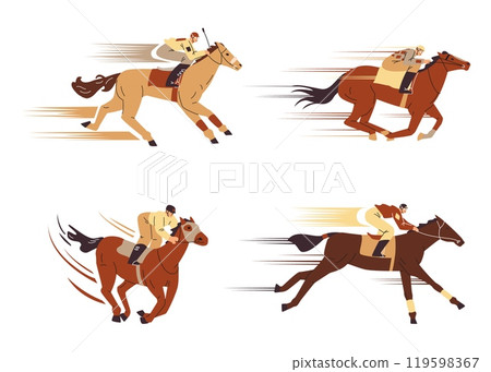 Horse racing, jockey sprinting on a brown horse, hippodrome sport competition, cartoon equine championship vector set 119598367