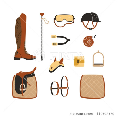 Horse racing equipment vector set, equestrian sport tools, ammunition for horses tack saddle, stirrup, martingale bridle 119598370