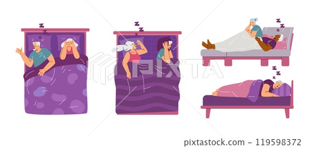 Couple in bed at night vector set, annoyed person suffering from insomnia because of snoring husband, wife, bad sleep 119598372