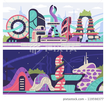 Vector set of futuristic fantasy cityscapes day and night. Vector set of futuristic fantasy cityscapes day and night. 119598377