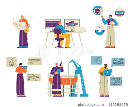 A set of vector illustrations featuring shipbuilders designing marine equipment. 119598379