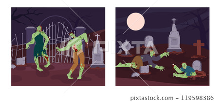 Resurrection of zombies in the cemetery vector flat set, Halloween horror graveyard with corpse, walking dead, full moon 119598386
