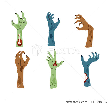 Vector set of illustrations of zombie hands, elements on the Halloween theme. Vector set of illustrations of zombie hands, elements on the Halloween theme. 119598387