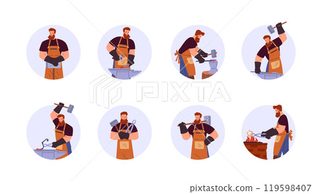 Blacksmith worker vector set, farrier hard working, medieval smith craftsman foundry workshop in round frame Blacksmith worker vector set, farrier hard working, medieval smith craftsman foundry workshop in round frame 119598407