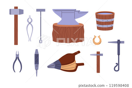 Vector illustration of a set of medieval blacksmith tools. Vector illustration of a set of medieval blacksmith tools. 119598408
