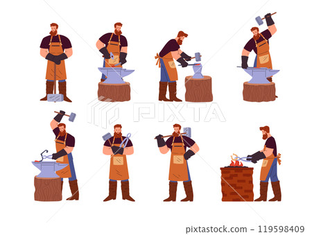 Blacksmiths are depicted in different poses with various equipment in a flat style. Blacksmiths are depicted in different poses with various equipment in a flat style. 119598409