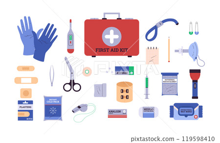 First aid kit flat icons vector set, medical supplies box, bandage, plaster, medicines pills, thermometer, syringe First aid kit flat icons vector set, medical supplies box, bandage, plaster, medicines pills, thermometer, syringe 119598410