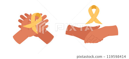 Vector set of hand gestures with yellow ribbon for support. 119598414