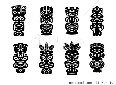 Set of vector illustrations of Tiki masks, silhouettes in black. 119598419