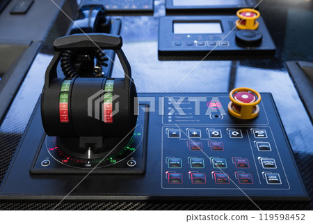 Engine accelerator and control panels of modern vessel, close-up photo 119598452