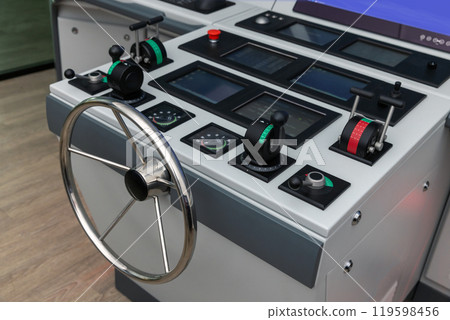 Marine navigation simulation system, ship control panel with steering wheel 119598456