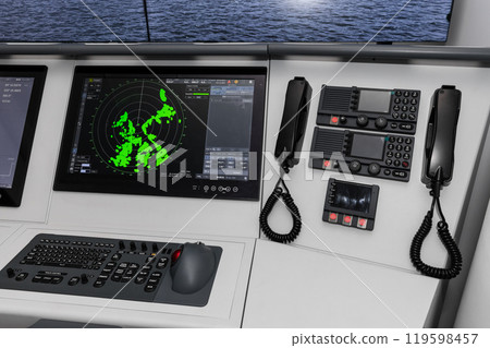 Radar screen with green display indication and ship communication system 119598457