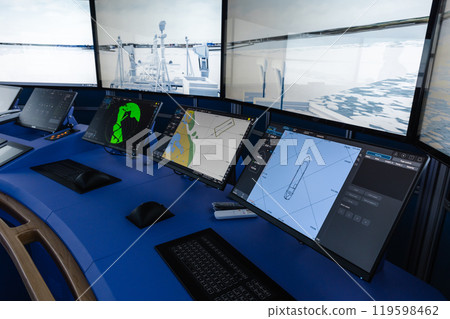 Modern ship control panels. The captain bridge equipment 119598462