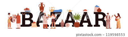 Vector illustration of an oriental market with shoppers and sellers in traditional clothes 119598553