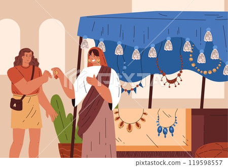 Oriental bazaar, souk trade tent with Eastern handmade jewelry, craft beads, earrings, female tourist with seller vector 119598557