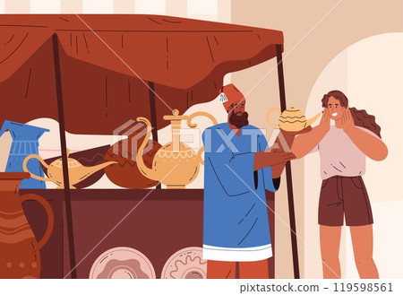 Illustration of an oriental bazaar where a merchant in a shop sells clay pottery to a tourist. 119598561