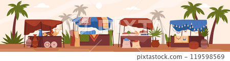 Vector illustration of an oriental market with tents displaying fruits, spices, ceramics, carpets, decorations 119598569