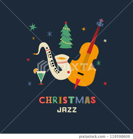 Christmas holiday Jazz fancy vector icon. Saxophone, violoncello, cartoon design element. Jazz music club x-mas holidays invitation template. Christmas party live music event background illustration Christmas holiday Jazz fancy vector icon. Saxophone, violoncello, cartoon design element. Jazz music club x-mas holidays invitation template. Christmas party live music event background illustration 119598609