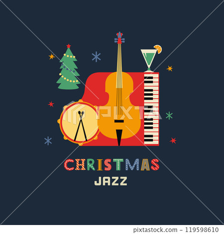 Christmas holiday Jazz fancy vector icon. Violoncello, drum, piano cartoon design element. Jazz music club x-mas holidays invitation template. Christmas party live music event background illustration 119598610