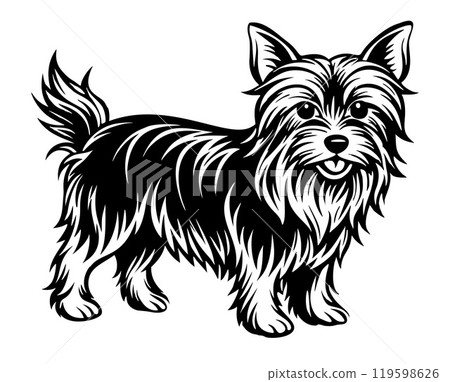 yorkshire terrier dog full body icon. Black and white logo, dog silhouette, engraving style. Pet character.  119598626