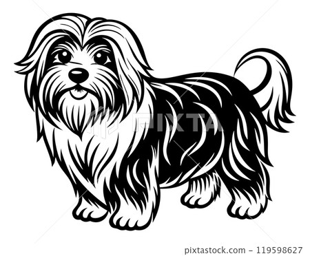 maltese dog full body icon. Black and white logo, dog silhouette, engraving style. Pet character.  119598627