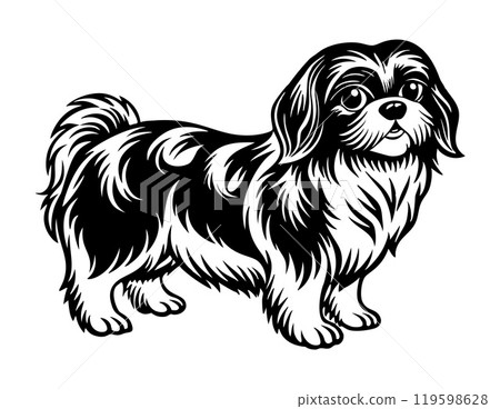 pekingese dog full body icon. Black and white logo, dog silhouette, engraving style. Pet character. pekingese dog full body icon. Black and white logo, dog silhouette, engraving style. Pet character. 119598628