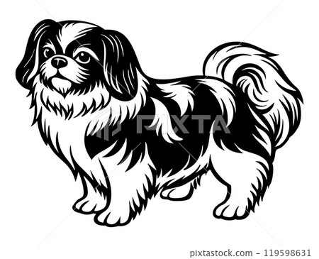 pekingese dog full body icon. Black and white logo, dog silhouette, engraving style. Pet character.  119598631