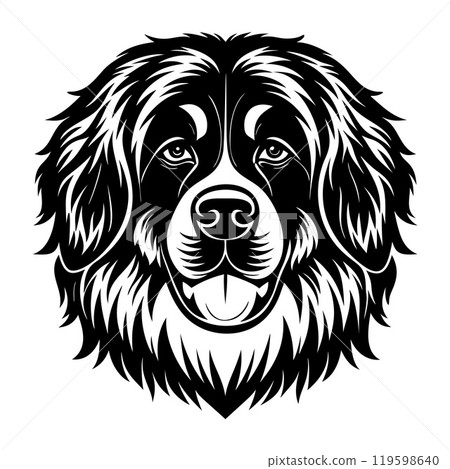 newfoundland dog head icon. Black and white logo, dog silhouette, engraving style. Pet character. 119598640