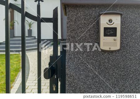 Metal Gate with Card Access Intercom and Key Lock 119598651