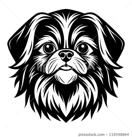 pekingese dog head icon. Black and white logo, dog silhouette, engraving style. Pet character. 119598664
