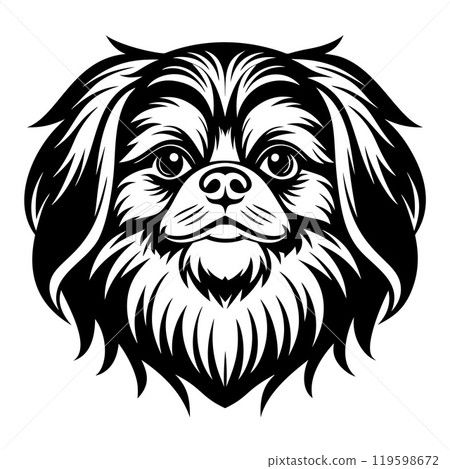 pekingese dog head icon. Black and white logo, dog silhouette, engraving style. Pet character. 119598672