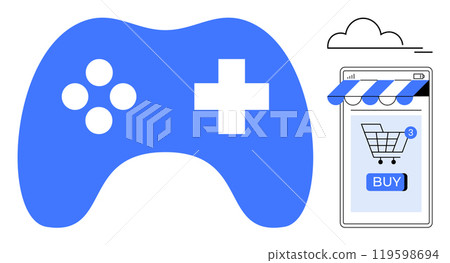 Blue game controller next to mobile device displaying a shopping cart with a buy button. Ideal for gaming, online shopping, mobile apps, technology, and e-commerce. Minimalistic vector style 119598694