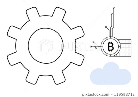Large gear symbol alongside a Bitcoin logo with circuitry and a cloud icon. Ideal for blockchain, cryptocurrency, cloud computing, technology integration, and financial technology. Simple vector 119598712