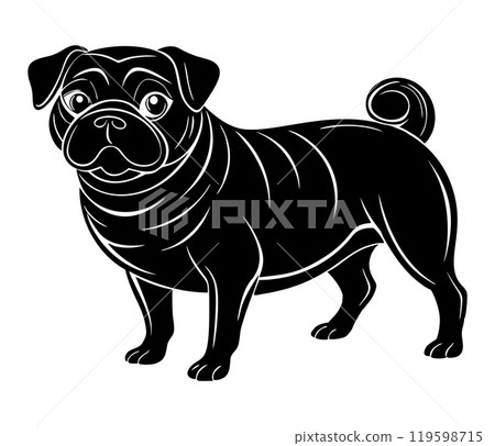 pug dog full body icon. Black and white logo, dog silhouette, engraving style. Pet character. pug dog full body icon. Black and white logo, dog silhouette, engraving style. Pet character. 119598715
