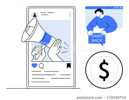 A hand holding a megaphone inside a social media post, a person highlighting a cashback offer, and a dollar symbol. Ideal for marketing, social media, e-commerce, promotions, advertising. Simple line A hand holding a megaphone inside a social media post, a person highlighting a cashback offer, and a dollar symbol. Ideal for marketing, social media, e-commerce, promotions, advertising. Simple line 119598716