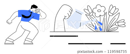 A man in a blue shirt observes as a hand waters flowers. Ideal for business growth, searching, personal development, nurturing ideas, motivation. Clean vector style mainly in blue, black, and white 119598735