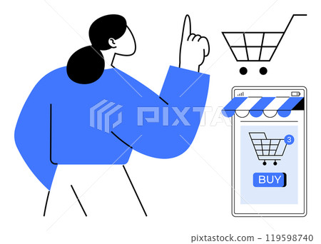 Woman pointing towards the shopping cart while using a smartphone for an online purchase. Ideal for e-commerce, mobile shopping, digital marketing, online retail, consumer behavior. Minimalist style 119598740