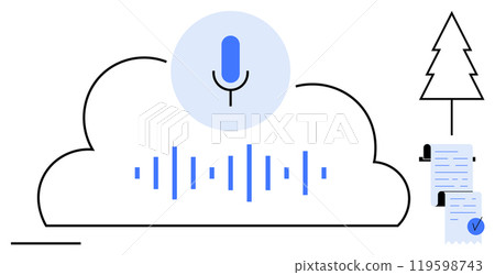 A microphone icon within a cloud shape with sound waves beneath, accompanied by a tree and documents. Ideal for technology, voice recognition, cloud storage, audio recording, data documentation. Flat A microphone icon within a cloud shape with sound waves beneath, accompanied by a tree and documents. Ideal for technology, voice recognition, cloud storage, audio recording, data documentation. Flat 119598743