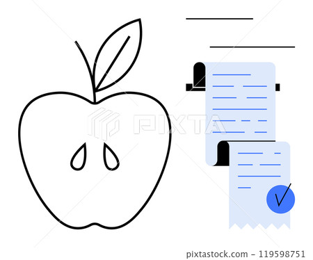 Outline of an apple and two blue receipts, one with a checkmark. Ideal for food, healthy eating, grocery shopping, diet planning and documentation themes. Minimalist vector style 119598751