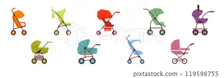 Baby Carriage or Pram for Baby Walking Vector Set Baby Carriage or Pram for Baby Walking Vector Set 119598755