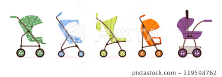 Baby Carriage or Pram for Baby Walking Vector Set 119598762