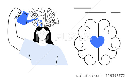 Person watering flowers growing from head with a brain and heart symbol next to it, Ideal for mental health self-care creativity wellbeing and positive thinking themes Minimalist artistic style 119598772