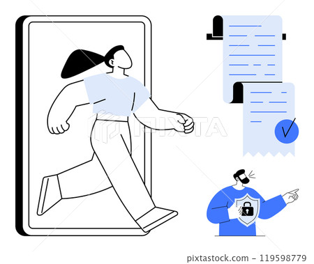 A person stepping out of a smartphone symbolizes online activity. Documents with checkmarks imply verification, while a character holding a shield represents security. Ideal for cybersecurity, online A person stepping out of a smartphone symbolizes online activity. Documents with checkmarks imply verification, while a character holding a shield represents security. Ideal for cybersecurity, online 119598779